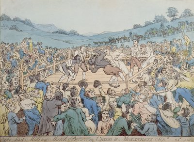 1811年9月28日、クリブとモリノーの最後のミリングマッチ（カラー彫刻） 作： Thomas Rowlandson