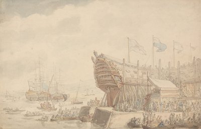 1804年、H.M.S.「ハイバーニア」の進水式 作： Thomas Rowlandson
