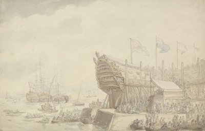 デボンポートでのHMS「ヒベルニア」の発売、1804年頃（紙にペンとインクと水彩） 作： Thomas Rowlandson