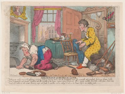 人間の生活の悲惨さ: 寒い暗い朝に早起きする...前...、1807 年 10 月 9 日。 作： Thomas Rowlandson