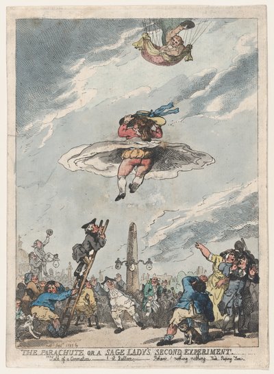 パラシュート、あるいは賢夫人の第二の実験、1785年9月., 1785年9月. 作： Thomas Rowlandson