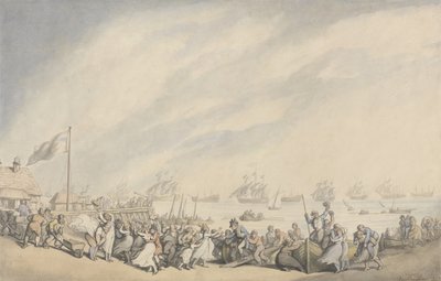 1797年のオランダの敗北後のグレートヤーマスへの艦隊の帰還、1797年頃（紙にペンとインクと水彩画） 作： Thomas Rowlandson