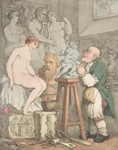 彫刻家［アカデミーの準備、オールド・ジョセフ・ノールケンスとヴィーナス］、1800年頃。 作： Thomas Rowlandson