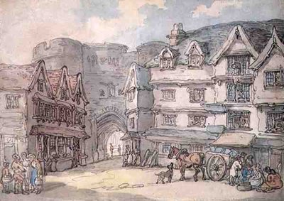 エクセターの南門（ペン、水彩、鉛筆、紙） 作： Thomas Rowlandson
