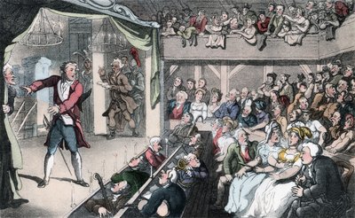 ステージ、パブ、オリバーゴールドスミスの「ウェイクフィールドの牧師」のイラスト。アッカーマン、1817年（手彩色のアクアチント） 作： Thomas Rowlandson