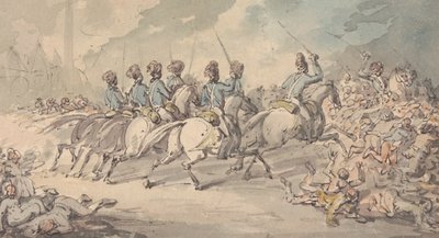 「1795 年 6 月 13 日、セント ジョージズ フィールドで暴徒を追い散らすサリー フェンシブルズ」 作： Thomas Rowlandson