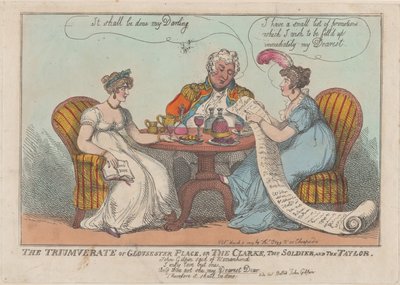 グロスタープレイスの三頭政治、またはクラーク、ソルジャー、テイラー、1809., 1809. 作： Thomas Rowlandson