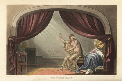 The Warm Bath：摂政時代の部屋でカーテンの後ろで入浴する裸の女性。ジョージ4世の愛人、メアリー・ロビンソンの肖像画と言われている。トーマス・ローランドソンによる手彩色銅版画、J.Bluckによるアクアチント、J.Greenによるスケッチの後、P 作： Thomas Rowlandson