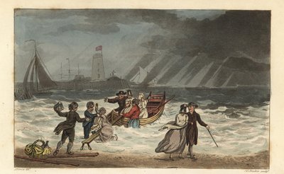 The Water Party：悪天候のために船旅を放棄する観光客。Poetical Sketches of Scarborough, Ackermann, LondonのJ.Greenのスケッチに基づくThomas Rowlandsonによる手彩色銅版画、J.C.Stadlerによるアクアチント。 作： Thomas Rowlandson