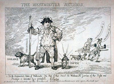 「ウェストミンスター ウォッチマン」、1784 年 作： Thomas Rowlandson
