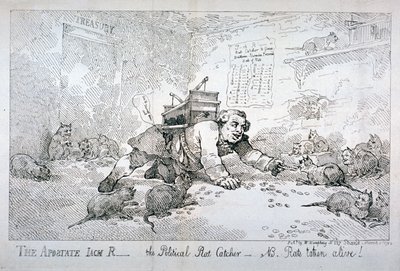 「背教者のジャック R - 政治的なネズミ捕り - NB. 生きたネズミ！」、1784年。 作： Thomas Rowlandson