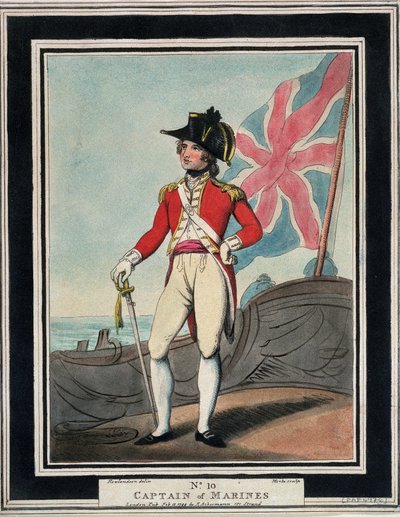 18世紀、英国海軍の艦長。カラーエッチング 作： Thomas Rowlandson