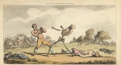 死の骸骨は素手の賞金首とボクシングをし、もう一人のボクサーは地面に横たわり、観客は恐怖で逃げ惑う。トーマス・ローランドソンが描いて彫った手彩色の銅版画、『英国式死の舞踏』より、アッカーマン、ロンドン 作： Thomas Rowlandson