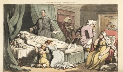 妻子に喪われた善人の遺体に司祭が祈りを捧げる中、死の骸骨が博士を迎えに来る。トーマス・ローランドソンが描いて彫った手彩色の銅版画、『英国式死の舞踏』より、アッカーマン、ロンドン 作： Thomas Rowlandson