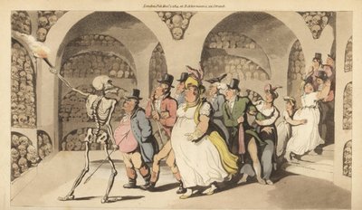 パリのカタコンベで観光客を案内するデスの骸骨。トーマス・ローランドソンが描いて彫った手彩色の銅版画（『英国式死の舞踏』より）、アッカーマン、ロンドン 作： Thomas Rowlandson