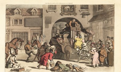 死の骸骨は、大柄なマトロンを運命のラストステージへと導く。トーマス・ローランドソンが描いて彫った手彩色の銅版画、『英国式死の舞踏』より、アッカーマン、ロンドン 作： Thomas Rowlandson