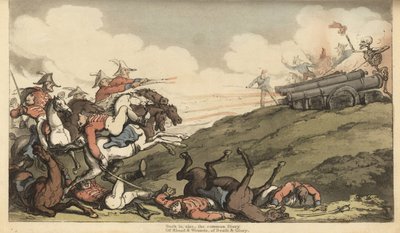 デスの骸骨がイギリスの騎兵隊の突撃に大砲の弾幕を張る。トーマス・ローランドソンが描いた手彩色の銅版画（『イングランドの死の舞踏』より）、Ackermann, London 作： Thomas Rowlandson