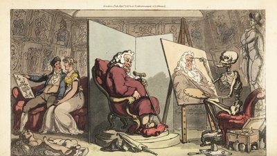 死の骸骨が市会議員の肖像画を描き、彼の若い召使の娘がスクリーンの向こうの勇敢な芸術家といちゃつく様子を描いている。トーマス・ローランドソンが描いて彫った手彩色の銅版画、『死の英国舞踏』より、アッカーマン、ロンドン 作： Thomas Rowlandson