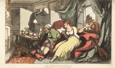 死の骸骨は、新婚旅行中の愚かなピーター卿に運命のワインを注ぎ、若い妻ジュリアは窓辺でヘンリー少佐といちゃついている。トーマス・ローランドソンが描いて彫った手彩色の銅版画で、『死の英国舞踏』からのもの。 作： Thomas Rowlandson