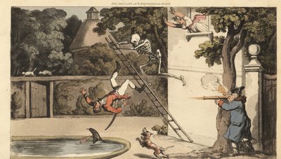 死の骸骨が壁から梯子を押し出し、美人と駆け落ちしようとした勇敢な求婚者を殺す。美女の父親は倒れた男にマスケット銃を撃つ。トーマス・ローランドソンによる手彩色の銅版画と彫刻（『イングリッシュ・ダンク』より 作： Thomas Rowlandson