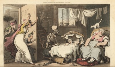 乳母が眠り、取り乱した母親が帰宅する間、死の骸骨が赤ん坊の揺りかごを揺らしている。トーマス・ローランドソンが描いて彫った手彩色の銅版画（『英国式死の舞踏』より）、アッカーマン、ロンドン 作： Thomas Rowlandson