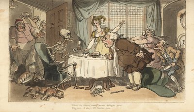 ダーツと砂時計を持った死の骸骨が、大食いの人が夕食を食べるときにやってくる。トーマス・ローランドソンが描いて彫った手彩色の銅版画、『英国式死の舞踏』より、アッカーマン、ロンドン 作： Thomas Rowlandson