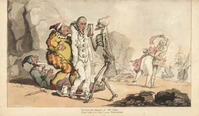 砂時計とダーツを持った死の骸骨がピエロなどの道化師を迎えに来たり、ハーレクインが浜辺で女性と踊ったりしている。トーマス・ローランドソンが描いて彫った手彩色の銅版画、『イギリスの死の舞踏』より、アッカーマン、ロンドン 作： Thomas Rowlandson