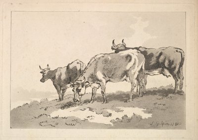 フィールドの尾根に立っている3頭の牛、1784-87。 作： Thomas Rowlandson