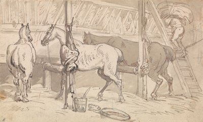 厩舎にいる3頭の馬 作： Thomas Rowlandson