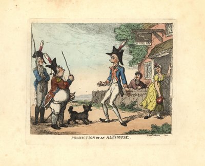 制服を着た3人の兵士が酒場の外を練り歩く。 作： Thomas Rowlandson