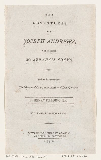 タイトル ページ: ジョセフ アンドリュースと彼の友人アブラハム アダムス氏の冒険, 1792., 1792. 作： Thomas Rowlandson