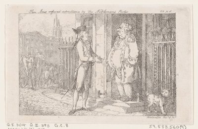 トム・ジョーンズは貴族のポーターに入場を拒否された（『トム・ジョーンズの歴史』より）。 作： Thomas Rowlandson