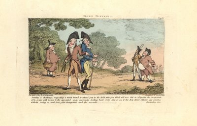 ピストルで決闘しようとするリージェンシーの紳士2人。 作： Thomas Rowlandson