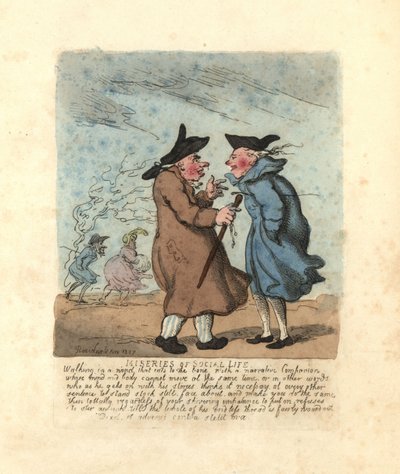 凍えるような風の中、立ち止まって話をするリージェンシーの男性2人。 作： Thomas Rowlandson