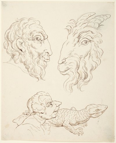 2つの風刺画：男とヤギ、男とトカゲ 作： トーマス・ローランドソン