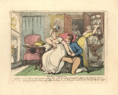 詮索好きなメイドに邪魔されながら、応接室にいる二人の恋人。 作： Thomas Rowlandson
