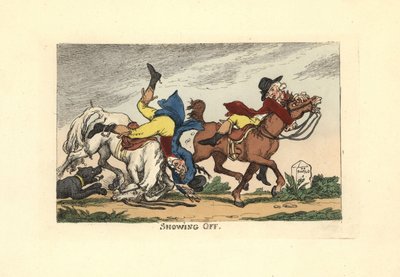 ショーイングオフして落馬する二人の男。ショーイングオフ。 作： Thomas Rowlandson