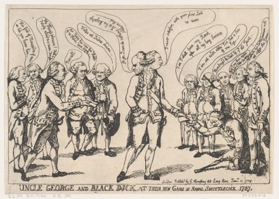1787 年 1 月 11 日、海軍シャトルコックのニュー ゲームでのジョージおじさんとブラック ディック。 作： Thomas Rowlandson