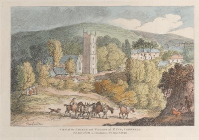 1812 年 4 月 12 日、コーンウォールの景色から見た、コーンウォールのセント キューの教会と村の眺め。 作： Thomas Rowlandson