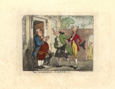 訪問した紳士が召使に家への入場を拒否されたこと。 作： Thomas Rowlandson