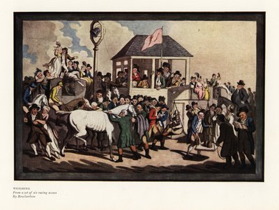 競馬場に設置された秤でジョッキーの体重を測る 作： Thomas Rowlandson