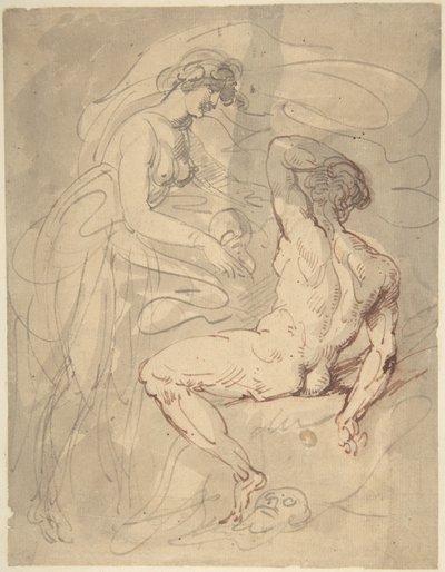 座っている男性のヌードと会話している女性 作： Thomas Rowlandson