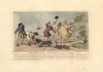 泥に靴を取られて転びそうになっている女性。 作： Thomas Rowlandson