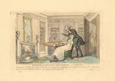 机に向かって眠る女性と、彼女の秘密の考えを読む男性。 作： Thomas Rowlandson