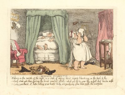 夜中にピッチャーの水を自分の上にこぼす女性。 作： Thomas Rowlandson