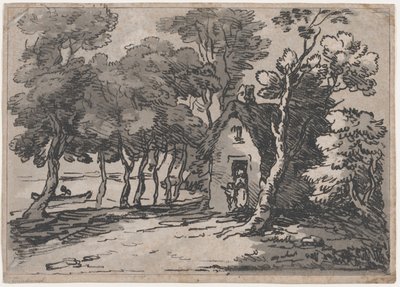 コテージのドアに人物がいる樹木が茂ったシーン、1783-88。、1783-88。 作： Thomas Rowlandson