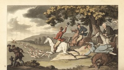 スタッグハントで猟犬と一緒に走る若い英国紳士 作： Thomas Rowlandson