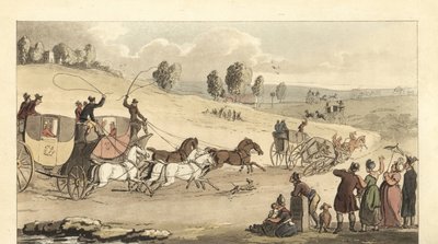 道路で4頭立ての馬車を走らせる若い英国紳士たち 作： Thomas Rowlandson