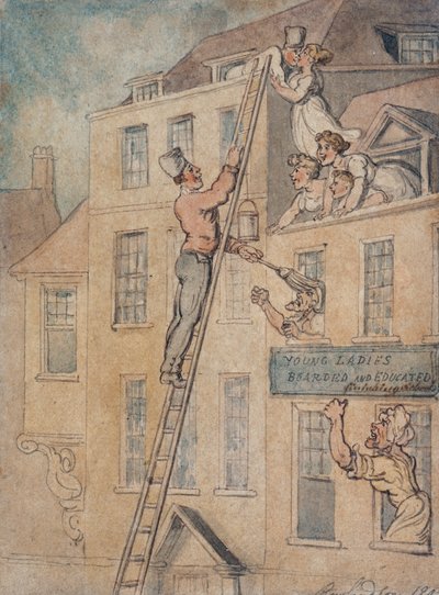 「搭乗して教育を受けた若い女性」、1803 作： Thomas Rowlandson