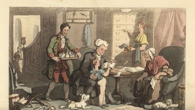 家庭教師と祖母と一緒にレッスンを受ける少年 作： Thomas Rowlandson